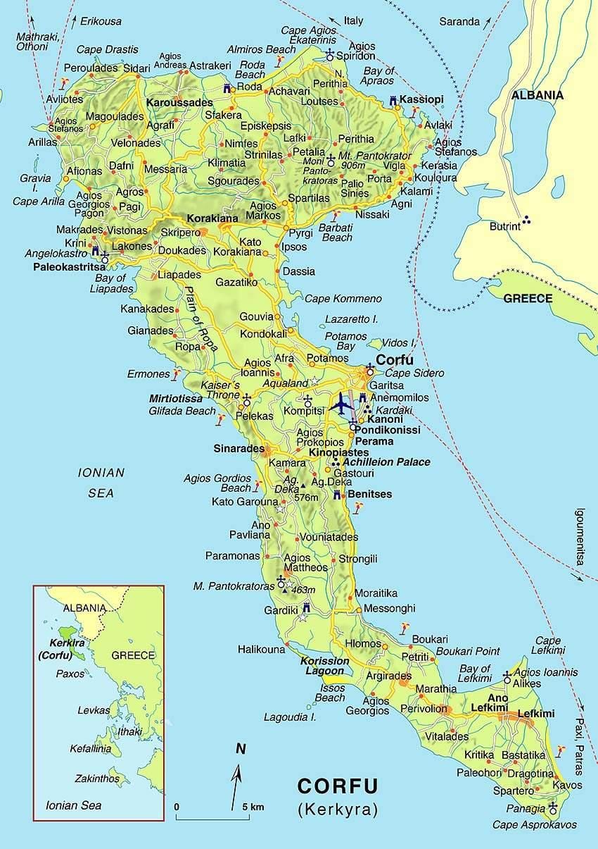 mapa de Corfu, Grécia
