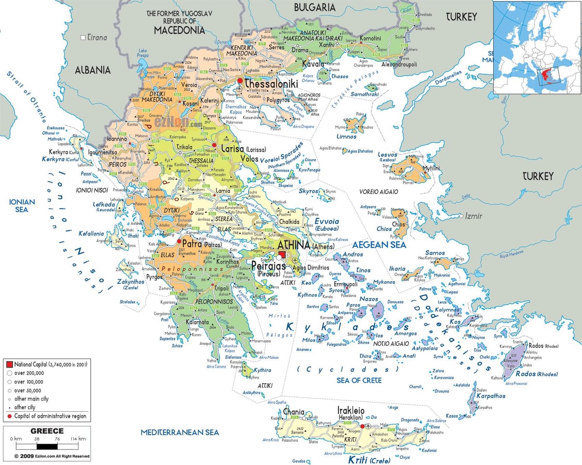 mapa da Grécia, com as cidades