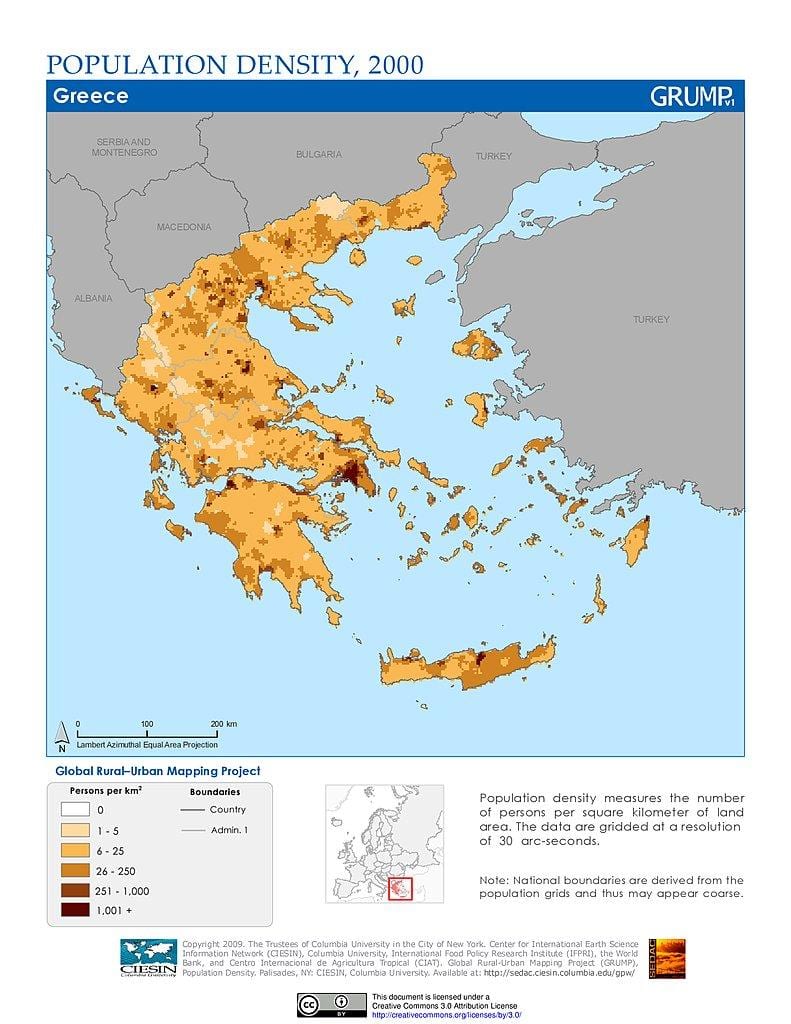 densidade populacional mapa da Grécia