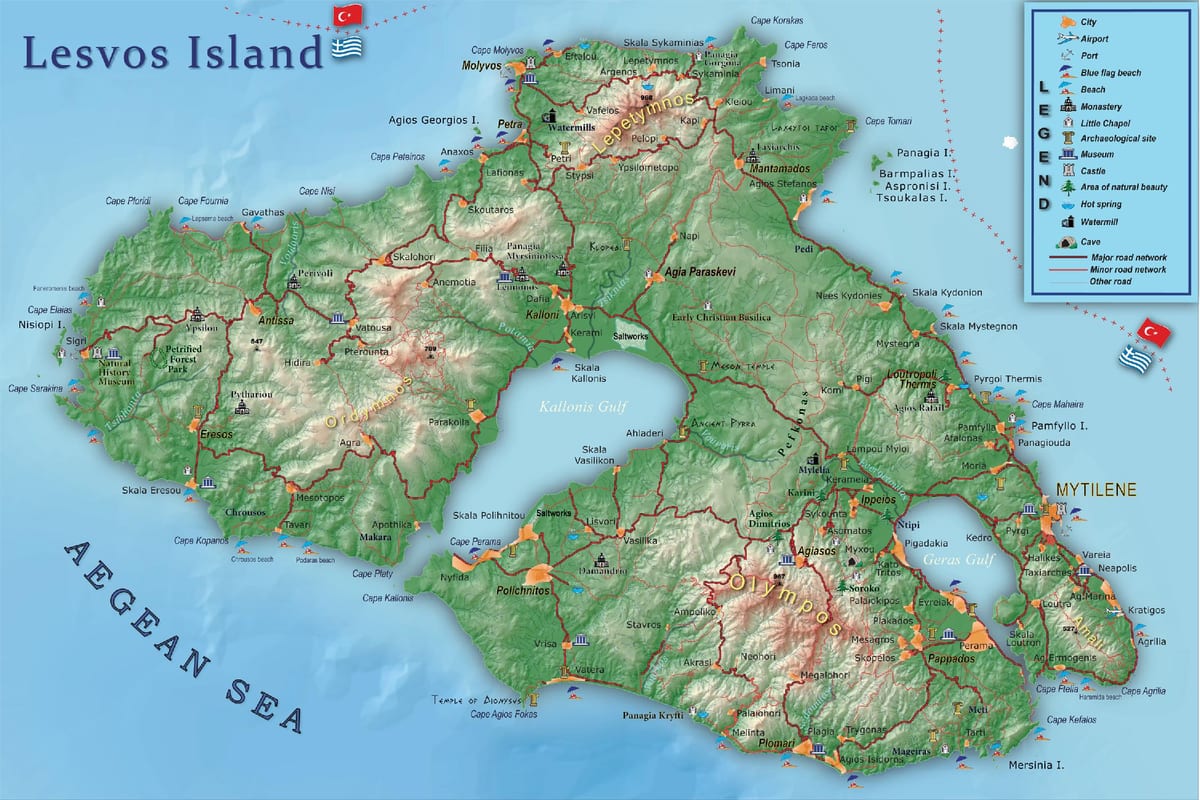 mapa da ilha de Lesvos, Grécia