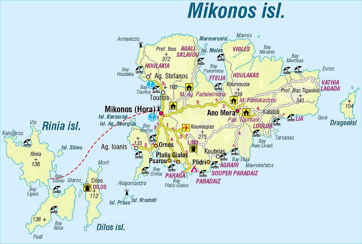 mapa de Mykonos, Grécia