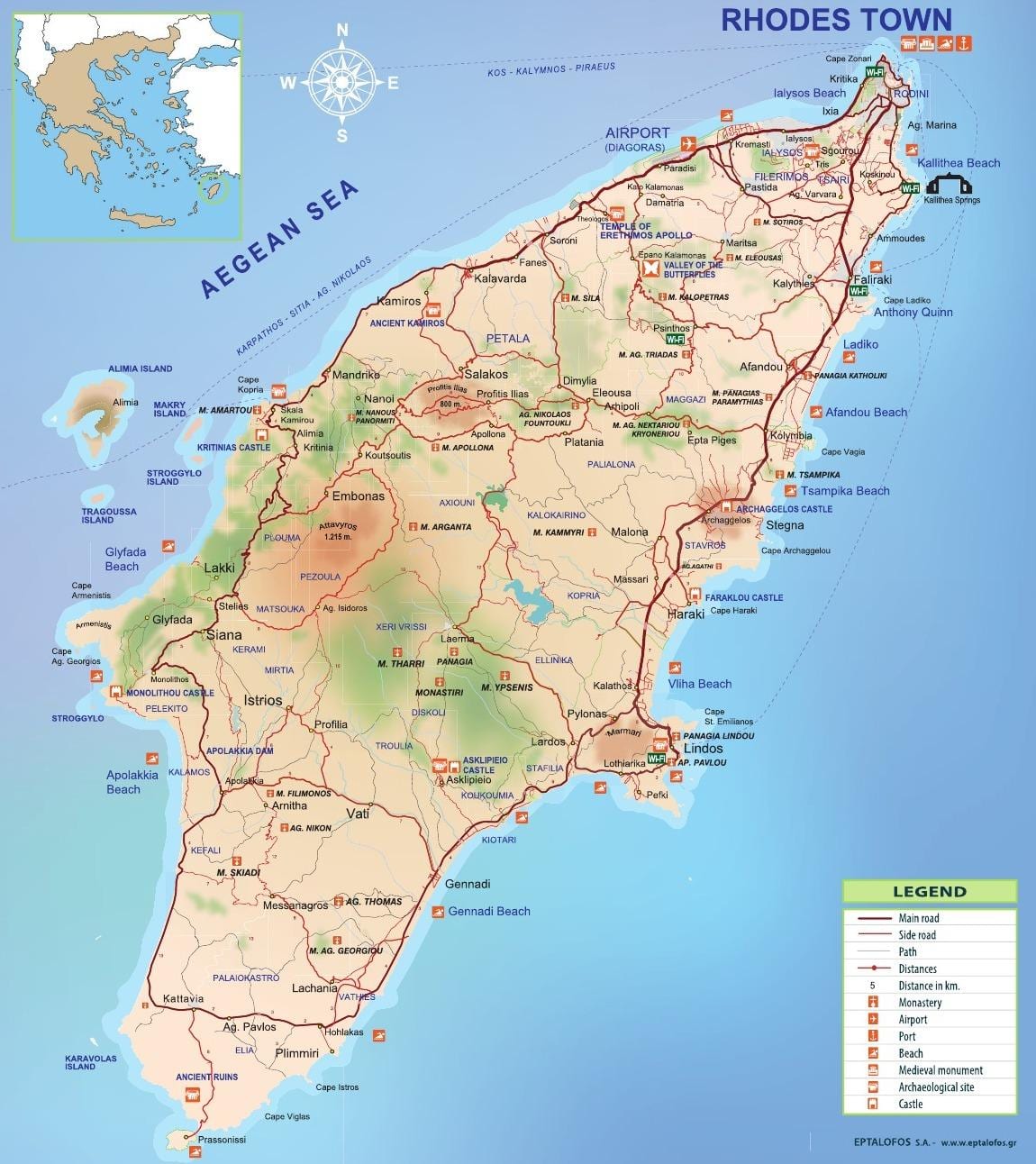 mapa de Rhodes, Grécia