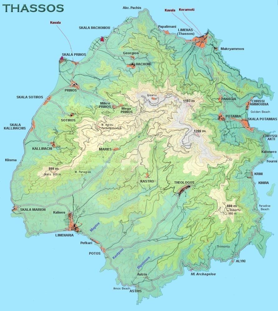 mapa de Thassos, Grécia